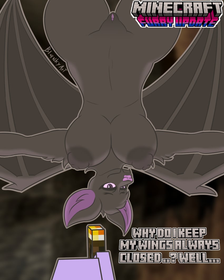 2024 4:5 animal_humanoid anthro bat bat_(minecraft) bat_humanoid bat_wings big_breasts blankyart breasts digital_media_(artwork) duo female fluffy_ears fur genitals grey_body grey_fur hanging_from_ceiling hi_res humanoid looking_at_another mammal mammal_humanoid membrane_(anatomy) membranous_wings microsoft minecraft mojang outline pink_nose purple_eyes pussy shaded signature smile spread_arms spread_wings text thick_thighs torch upside-down wide_hips wings xbox_game_studios ych_(character)