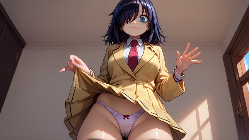 1girls ai_generated bags_under_eyes black_hair cameltoe exposed_midriff from_below indoors kuroki_tomoko lifting_skirt looking_at_viewer looking_down_at_viewer medium_breasts medium_hair messy_hair pussy_juice school_uniform thick_thighs thong watashi_ga_motenai_no_wa_dou_kangaetemo_omaera_ga_warui! wet_pussy wet_thong