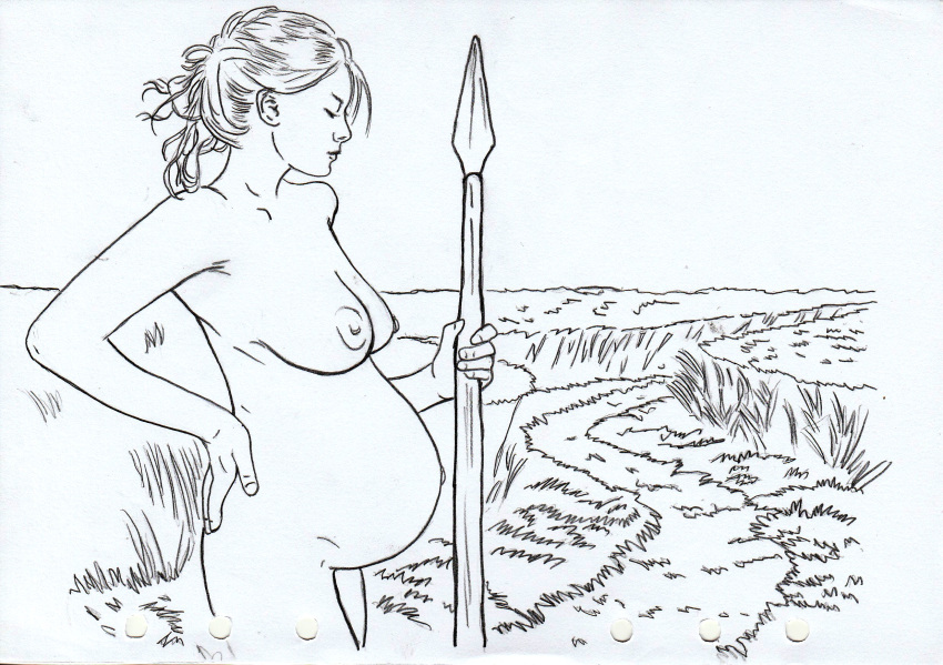 1girls belly big_belly breasts female hand_on_hip kevin_chua nipples nude pregnant solo spear