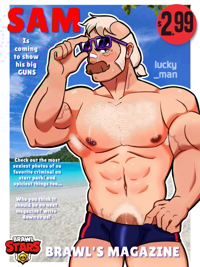 abs bara beach big_breasts brawl_stars breasts bulge exposed_breasts gay hair hairy hairy_armpits lucky_man male muscular no_visible_genitalia pecs pubic_hair sam_(brawl_stars) seductive shirtless solo_male speedo