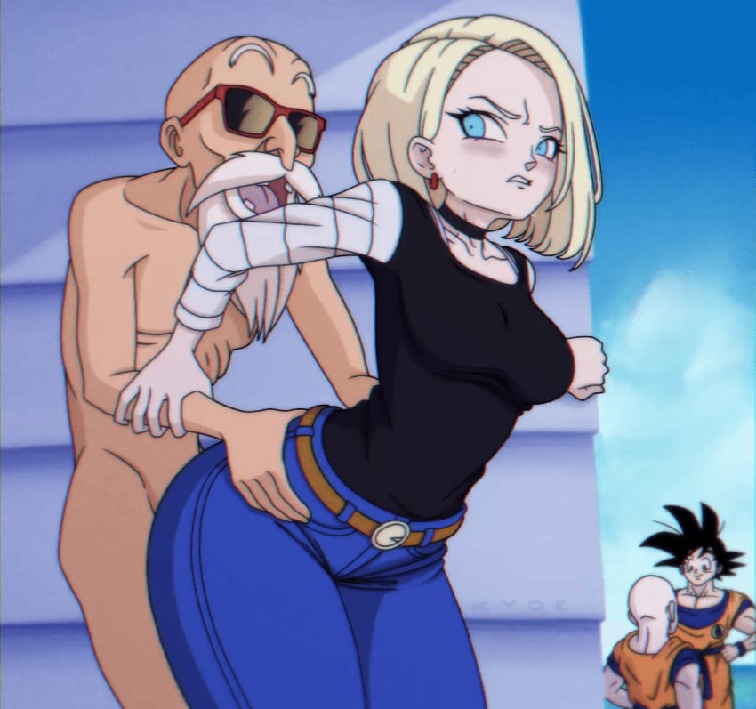 android_18 angry blonde_hair clothed clothed_female clothed_female_nude_male dragon_ball female goku humiliation kuririn kyde large_ass large_hips male master_roshi muten_roushi naked netorare nude nude_male outdoors son_goku