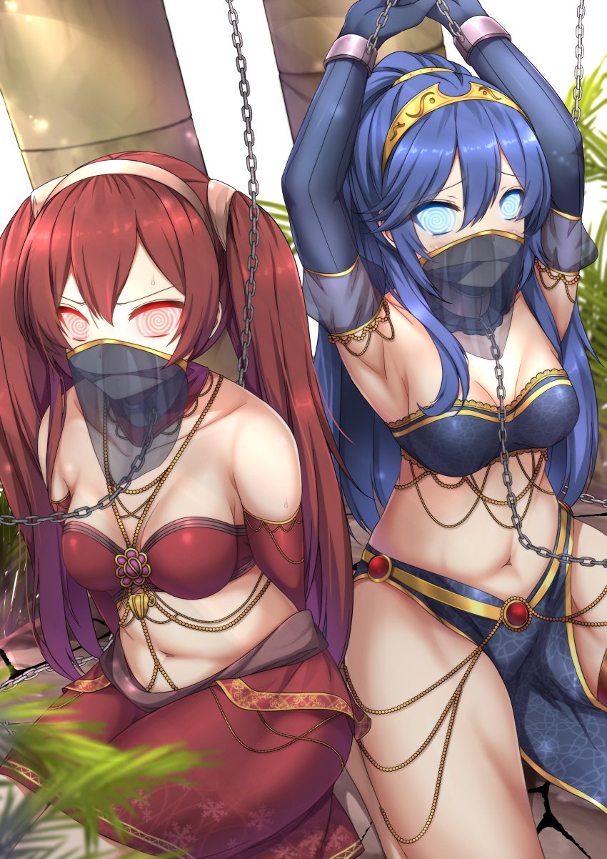 2girls arms_above_head auction belly_button belly_dancer belly_dancer_outfit bikini bondage chains cleave_gag collar enslaved enslaved_royal female female_only femsub fire_emblem fire_emblem_awakening for_sale gag gagged hair_ornament harem_outfit hypnosis leash lucina_(fire_emblem) manip mind_control multiple_girls multiple_subs princess restrained royalty severa_(fire_emblem) shackles sheita slave slave_raid spiral_eyes tears veil