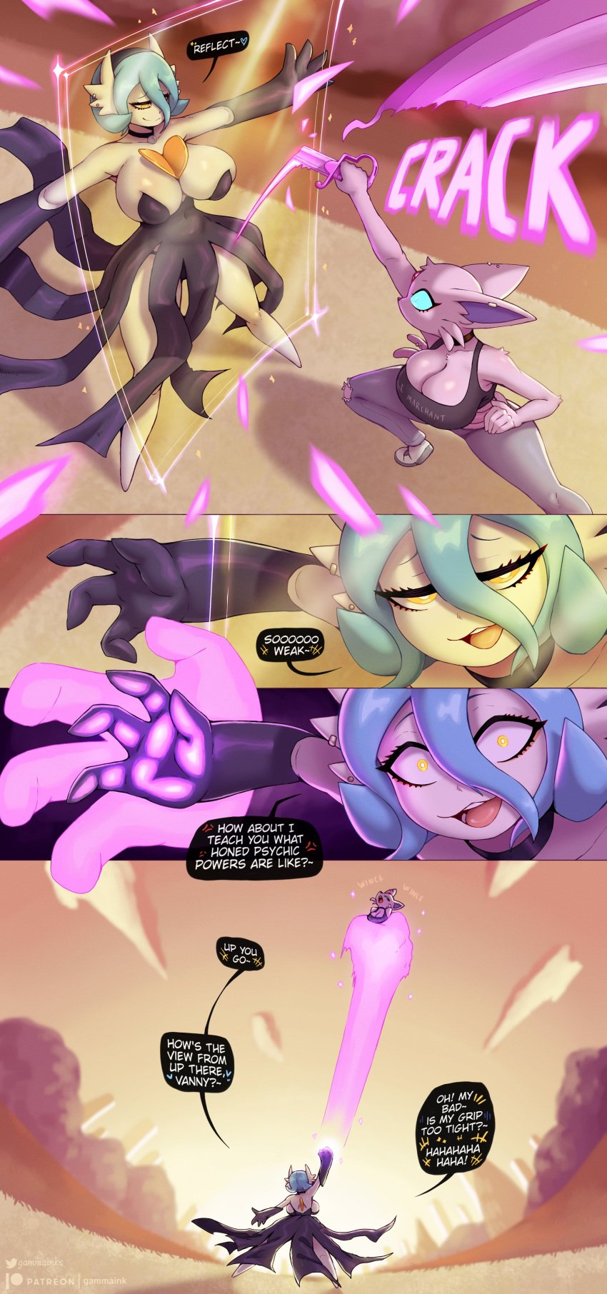 2girls big_breasts blue_eyes blue_hair cat_ears cat_tail choker comic dialogue dialogue_bubble eeveelution english_text espeon evil_eyes evil_smile fight forehead_jewel gammainks gardevoir generation_2_pokemon generation_3_pokemon hi_res jeans mandy_(gammainks) mega_gardevoir nintendo no_sex piercing pokemon pokemon_(species) shiny_gardevoir shiny_pokemon shocked_expression sword vanessa_(gammainks) yellow_eyes