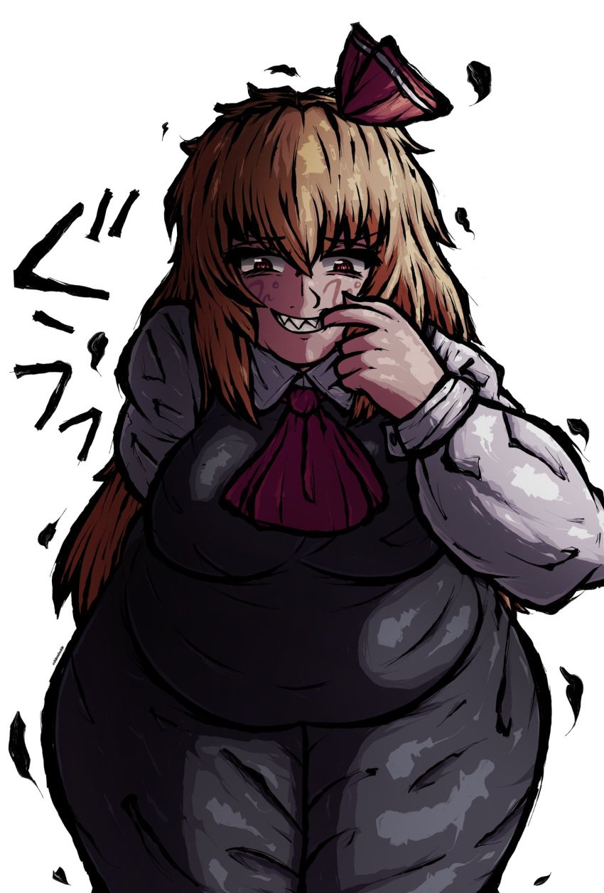 1girls 2025 belly belly_button belly_overhang belly_rolls black_clothing bow breasts chikncheddr chubby female grin hi_res long_hair long_sleeves rumia sharp_teeth solo solo_female teeth teeth_showing thighs tight_clothing touhou youkai