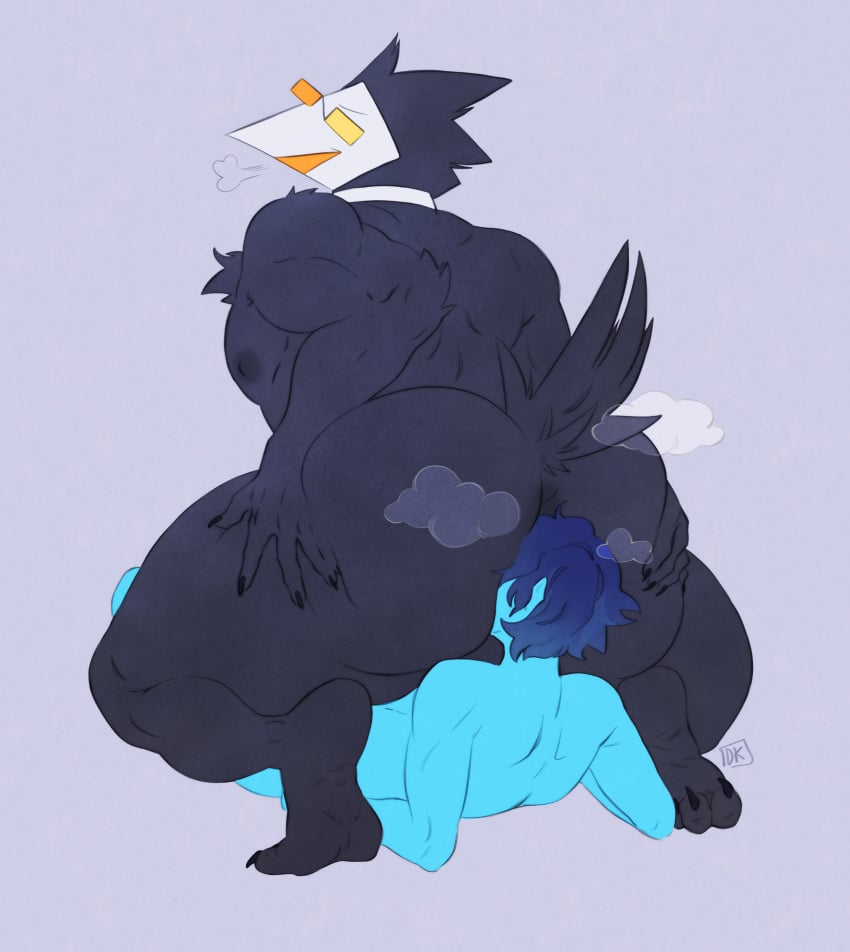 absurd_res anal anthro ass avian big_butt bird black_body black_feathers blue_body blue_skin butler claws crouching darkner darkriallet deep_rimming deltarune duo eyewear face_in_ass feathers hi_res human human_on_anthro interspecies kris_(deltarune) male male/male mammal muscular muscular_male musk musk_clouds oral power_bottom rimming rimming_male sex size_difference small_top_big_bottom sunglasses swatch_(deltarune) swatchling tail undertale_(series)