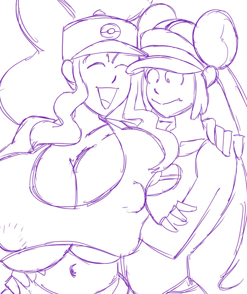 2girls auroch_nsfw big_breasts breasts busty_female female_focus female_only gigantic_breasts hilda_(pokemon) huge_breasts pokemon pokemon_bw pokemon_bw2 rosa_(pokemon) short_hair sketch torpedo_tusk yuri