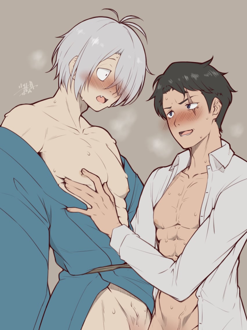 2boys black_hair blush bottomless cute_fang dilf dress_shirt gay gegege_no_kitarou hair_over_one_eye kimono kitarou_tanjou_gegege_no_nazo light-skinned_male light_skin male male_only medama_oyaji_(human) mizuki_(gegege_no_kitarou) muscular muscular_male no_underwear no_visible_genitalia open_mouth open_shirt pale-skinned_male pale_skin pec_grab pec_grasp pecs scar scar_across_eye smile sweat syourinbonzu veins white_hair wide_eyed yaoi