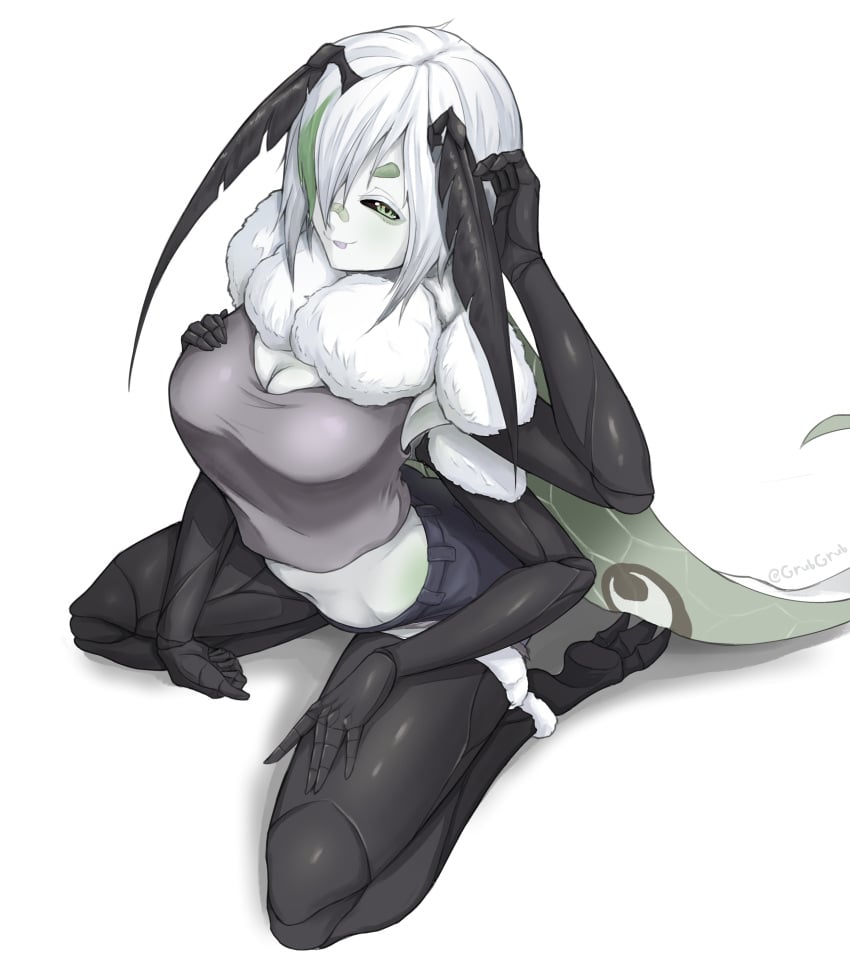 antenna breasts female hair juniper_(egocider) juniper_actias moth multi_arm multi_limb shirt solo solo_female tagme white_hair