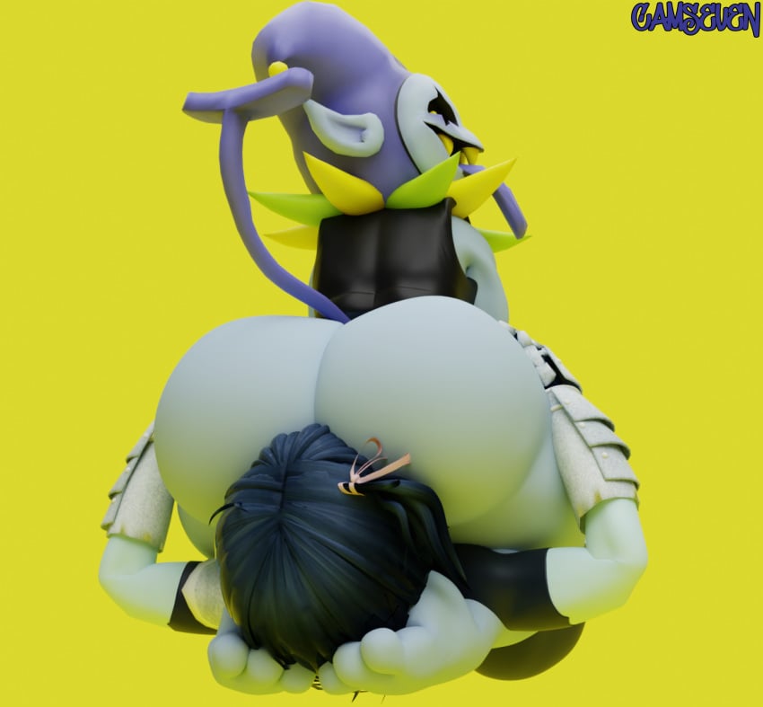 3d_(artwork) ass big_butt camseven clothing darkner deltarune digital_media_(artwork) duo facesitting fool's_hat grey_body hat headgear headwear hi_res human humanoid imp jester jevil_(deltarune) kris_(deltarune) male male/male mammal short_stack sitting_on_another undertale_(series)