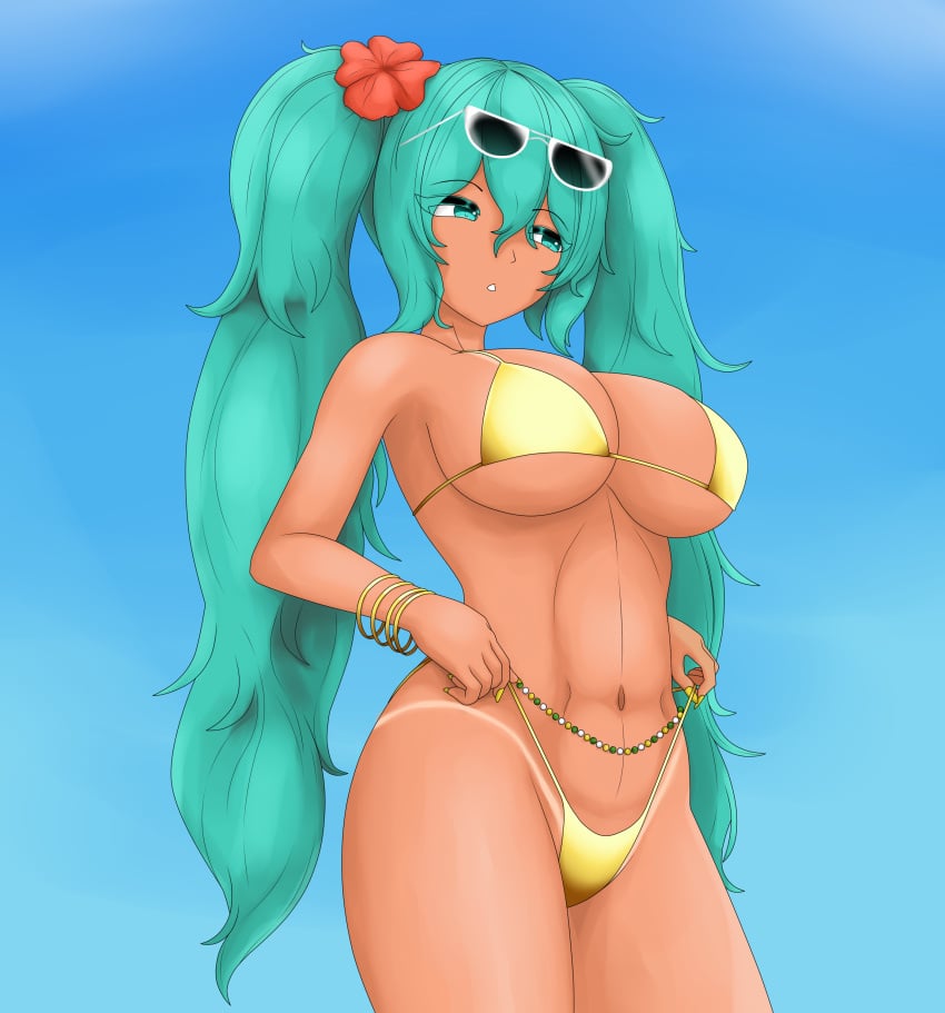 1girls 2d 2d_(artwork) ale_131 belly_button big_breasts bra brazilian_miku day female female_focus female_only flower flower_in_hair front_view golden_bikini golden_bikini_bottom golden_bikini_top golden_swimsuit green_eyes green_hair hatsune_miku high_resolution highres hourglass_figure light-skinned_female light_skin long_hair long_pigtails outdoors revealing_swimsuit sexy sky slim_girl solo solo_female solo_focus standing summer sunglasses sunglasses_on_head swimsuit tanned tanned_female tanned_girl tanned_skin thong thong_bikini twintails vocaloid yellow_nails younger_female