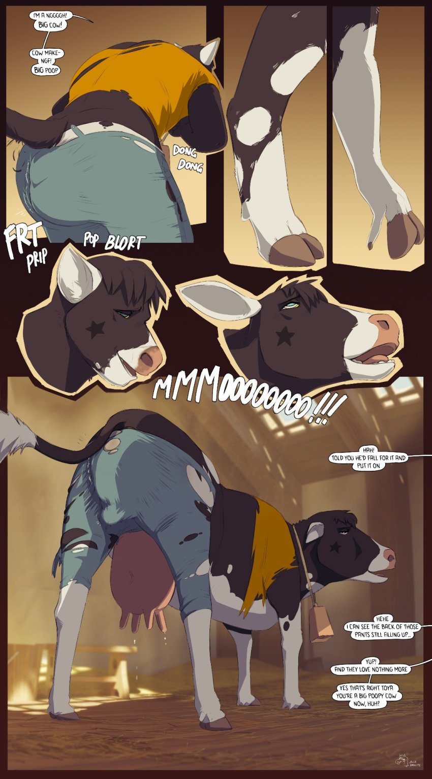 2024 animal_noises anthro anthro_to_feral barn bodily_fluids bottomwear bovid bovine canid canine canis cattle clothed clothing cowbell cursed_object denim denim_bottomwear denim_clothing dialogue domestic_dog ears_back feces female feral gender_transformation hi_res hypnosis intelligence_loss jager-darklite jeans lactating leaking_milk male mammal markings mind_control moo mooing mtf_crossgender offscreen_character onomatopoeia pants pivoted_ears raised_tail rule_63 shirt soiling soiling_pants solo sound_effects species_transformation speech_bubble star_(marking) t-shirt tail talking_to_self teats text topwear torn_bottomwear torn_clothing torn_pants torn_shirt torn_topwear toya_pup transformation udders wardrobe_malfunction