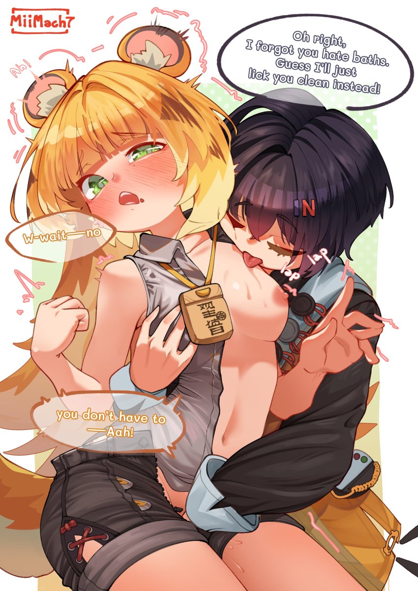 2girls belle_(delicate_sunlight)_(zenless_zone_zero) belle_(zenless_zone_zero) blonde_hair blue_hair blush breasts closed_eyes dialogue exposed_breasts female femdom femsub fingering fingers green_eyes hair_ornament hoyoverse ju_fufu licking medium_breasts miimach7 necklace official_alternate_costume partially_clothed questionable_consent saliva sweat tiger_ears yuri zenless_zone_zero