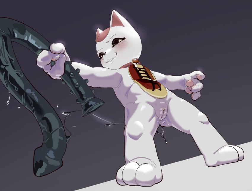 anthro biped black_eyes blush bodily_fluids dandadan dildo domestic_cat dripping eyebrows felid feline felis female fingers genital_fluids genitals hi_res low-angle_view mammal pawpads pussy pussy_juice_drip sex_toy simple_background skeleton265 smile smirk solo teeth turbo_granny_(dandadan) vaginal_fluids white_body