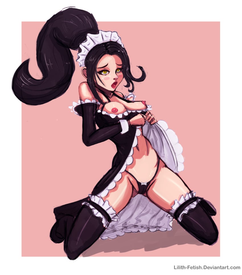 2015 black_hair breasts cameltoe female female_only french_maid french_maid_nidalee league_of_legends lilith-fetish maid nidalee nipples panties riot_games the_grind_series yellow_eyes