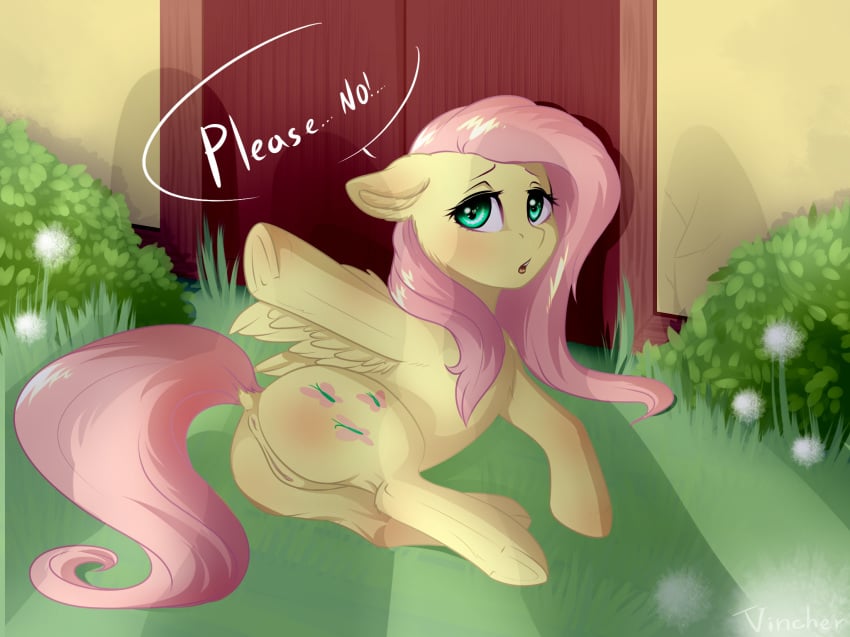 2017 anus ass blush cutie_mark dialogue english_text equine feathered_wings feathers female feral fluttershy_(mlp) friendship_is_magic hair hi_res hooves long_hair looking_at_viewer mammal my_little_pony open_mouth outside pegasus pink_hair pussy text vincher wings