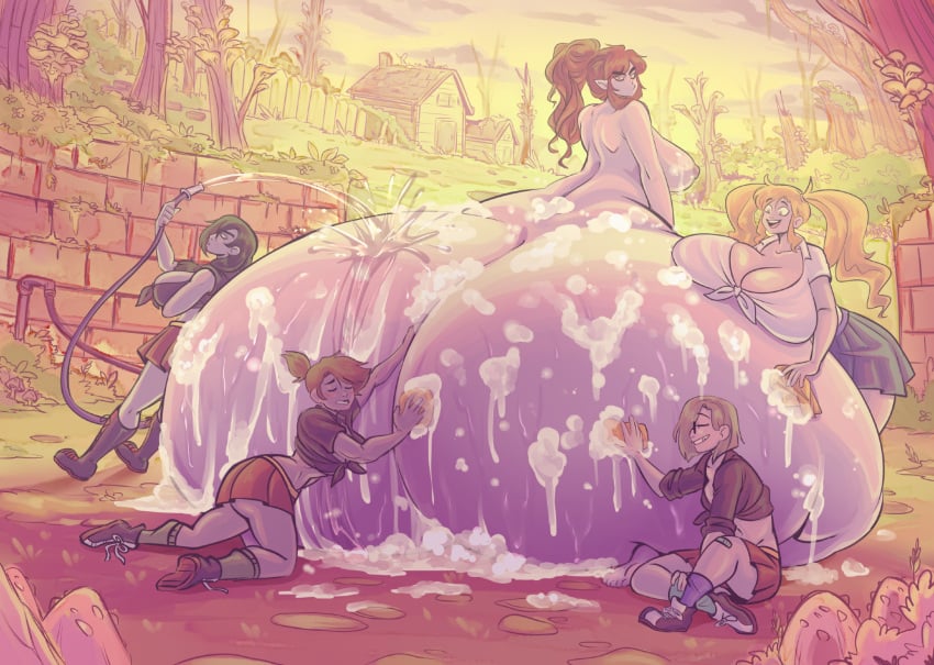 5girls ass_bigger_than_body ass_bigger_than_head ass_bigger_than_torso cerealharem_(artist) colossal_ass female hyper hyper_ass looking_back nude source tagme washing washing_another washing_body