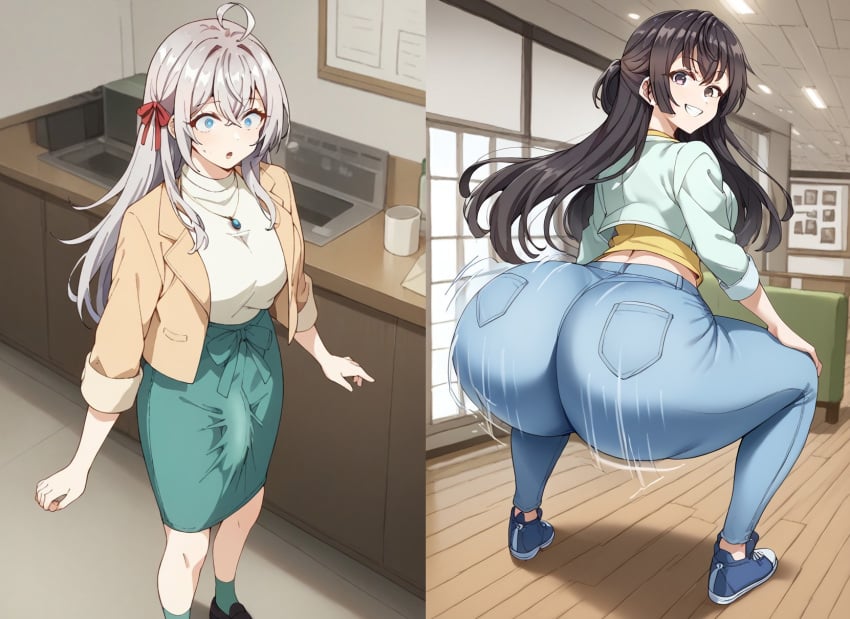 1futa 1girls ai_generated alisa_mikhailovna_kujou ass ass_shake big_ass black_shoes blue_pants blush breasts casual coat erect_penis erection erection_under_clothes female green_skirt hair_ribbon jeans long_hair long_sleeves looking_at_viewer looking_back motion_blur motion_lines necklace pants penis purple_eyes red_ribbon ribbon shaking_ass shirt shoes skirt smile socks squatting standing suou_yuki tease teasing thick_ass thick_thighs tokidoki_bosotto_russian_de_dereru_tonari_no_alya-san twerk twerking visible_penis white_shirt wide_hips yellow_shirt