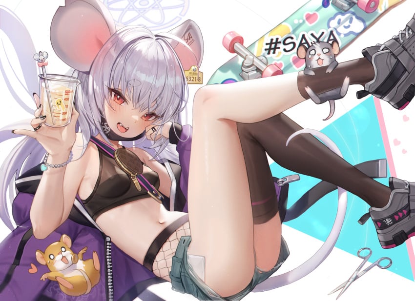 average_breasts blue_archive blush blushing female female_only halo highres long_hair looking_at_viewer mouse_ears mouse_girl mouse_tail nipples_visible_through_clothing pet red_eyes saya_(blue_archive) saya_(casual)_(blue_archive) skateboard video_game_character white_hair whoisshe