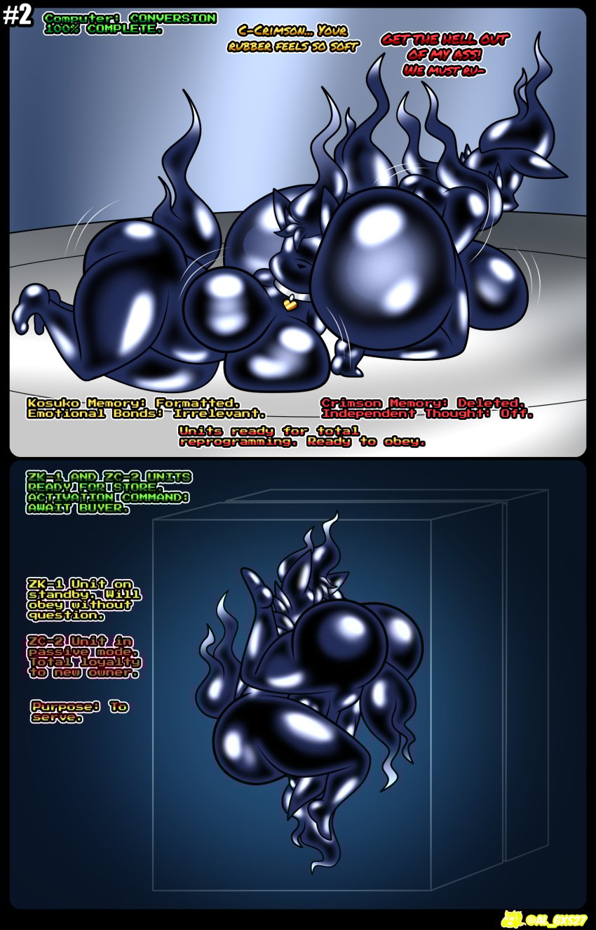 69_position absurd_res al_gx anthro ass big_breasts big_butt black_border blonde_hair border breasts butt_in_face canid canine chest_tuft clothing comic crimson_(al_gx) dialogue dress drone dronification duo english_text female female/female forced forced_transformation generation_8_pokemon grey_body hair hi_res hisuian_form hisuian_zorua kosuko latex latex_clothing latex_skinsuit long_hair mammal nervous nintendo oral pokemon pokemon_(species) red_hair regional_form_(pokemon) rubber_clothing sex shaking_butt short_hair skinsuit slime squish text thick_thighs tight_clothing transformation transformation_sequence tuft white_hair