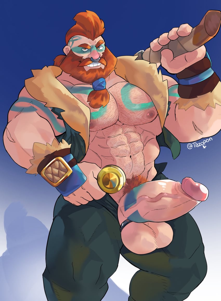 1boy abs alternate_costume artist_name balls bara big_penis body_hair brawl_stars bull_(brawl_stars) chest_hair clothed clothing cock_ring erection facial facial_hair fat_cock gay genitals gloves hair hairy hairy_male hi_res looking_at_viewer male male_only mostly_nude muscular muscular_male navel nipples nose_piercing official_alternate_costume orange_hair pecs penis penis_out piercing pubic_hair solo solo_male standing tattoo tattoos tazopon thick_penis thick_thighs tied_hair