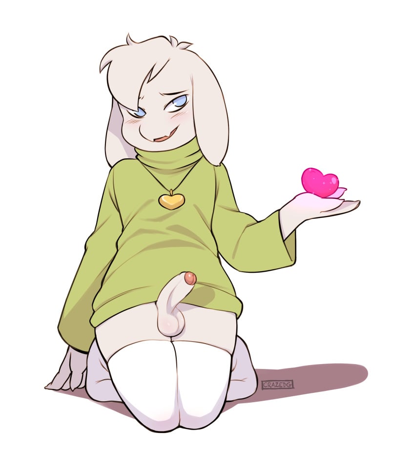 1boy 2d 4_fingers anthro anthro_male anthro_only asriel_dreemurr balls blue_eyes blush bottomless caprine clothed clothing crazedg erection foreskin fur furry furry_male furry_only goat humanoid humanoid_male humanoid_only humanoid_penis jewelry legwear male male_only mammal mammal_humanoid necklace partially_retracted_foreskin penis simple_background solo stockings sweater teenager uncut undertale undertale_(series) video_games white_fur young