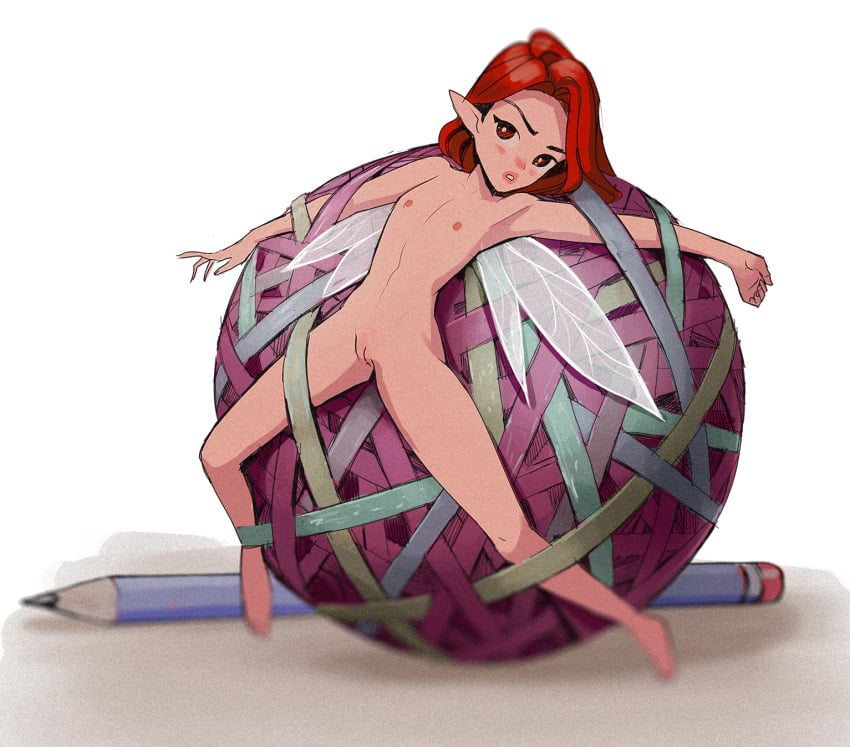 arttheratpist cleft_of_venus commentary completely_nude english_commentary entangled fairy fairy_wings female flat_chest full_body highres looking_at_viewer mini_person minigirl nipples nude original parted_lips pencil pointy_ears pussy red_eyes red_hair restrained simple_background solo wings yarn yarn_ball