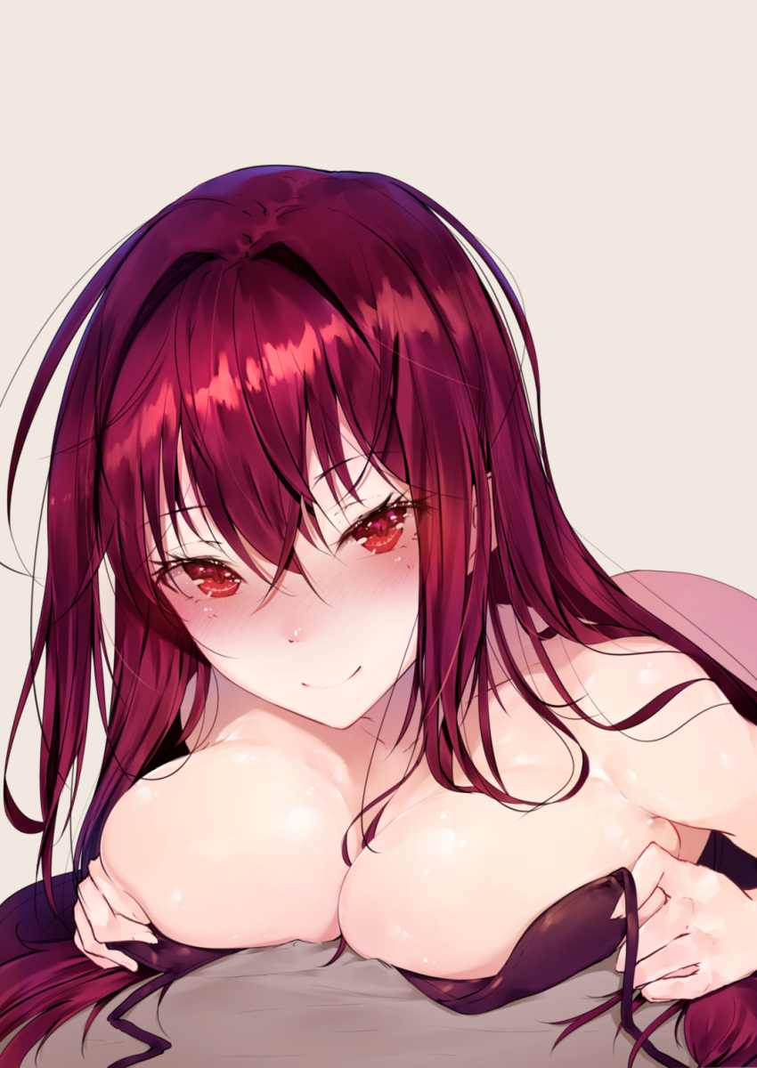 bangs bare_shoulders bikini black_bikini blush breast_press breasts eyelashes fate/grand_order fate_(series) female highres hplay large_breasts long_hair looking_at_viewer lying on_stomach outercourse paizuri purple_hair red_eyes scathach_(fate) simple_background smile solo swimsuit under_covers untied untied_bikini very_long_hair