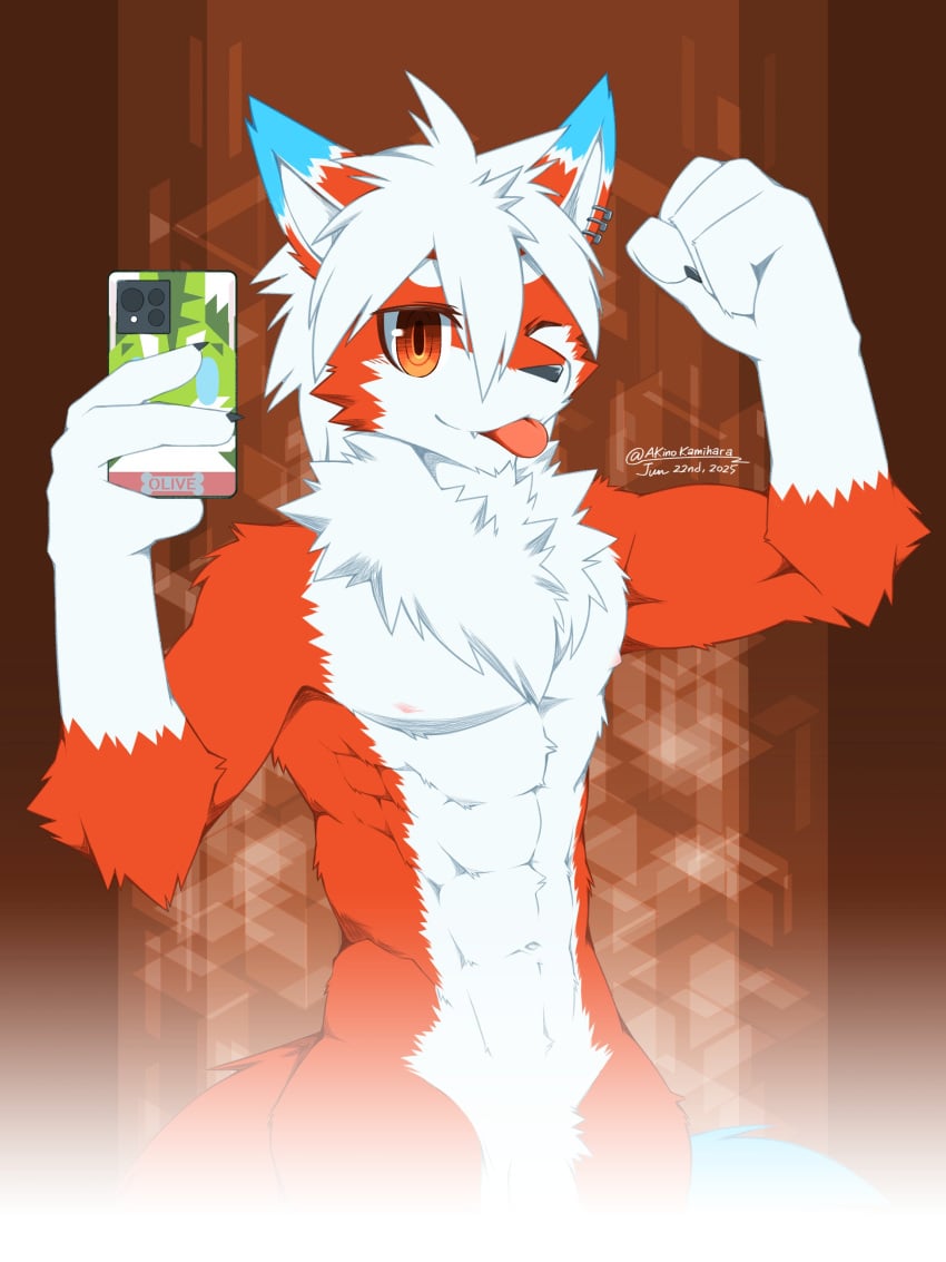 3:4 abs absurd_res akino-kamihara anthro barely_visible_genitalia barely_visible_penis biceps blep canid canine cellphone censored censored_genitalia censored_penis crotch_tuft ear_piercing electronics fist flexing flexing_bicep fur genitals gradient_background hair hi_res holding_object holding_phone male mammal markings mirror_selfie multicolored_body muscular muscular_male navel nipples nude obliques one_eye_closed pattern_background pecs penis phone piercing pose posing_for_picture red_body red_eyes red_fur selfie signature simple_background smartphone solo tobi_(tobisundayo) tongue tongue_out tuft two_tone_body white_body white_fur white_hair wink