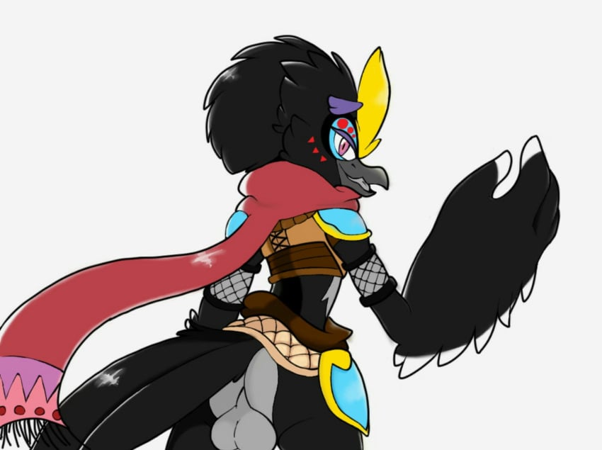 anthro armor avian balls beak big_hands bird black_feathers clothed clothing corvid feathers highlights inviting kieran_(thekatdragon49) looking_at_viewer male_only nintendo partially_clothed raven_(bird) rito scarf simple_background smile the_legend_of_zelda thekatdragon49 tongue video_games white_highlights wings