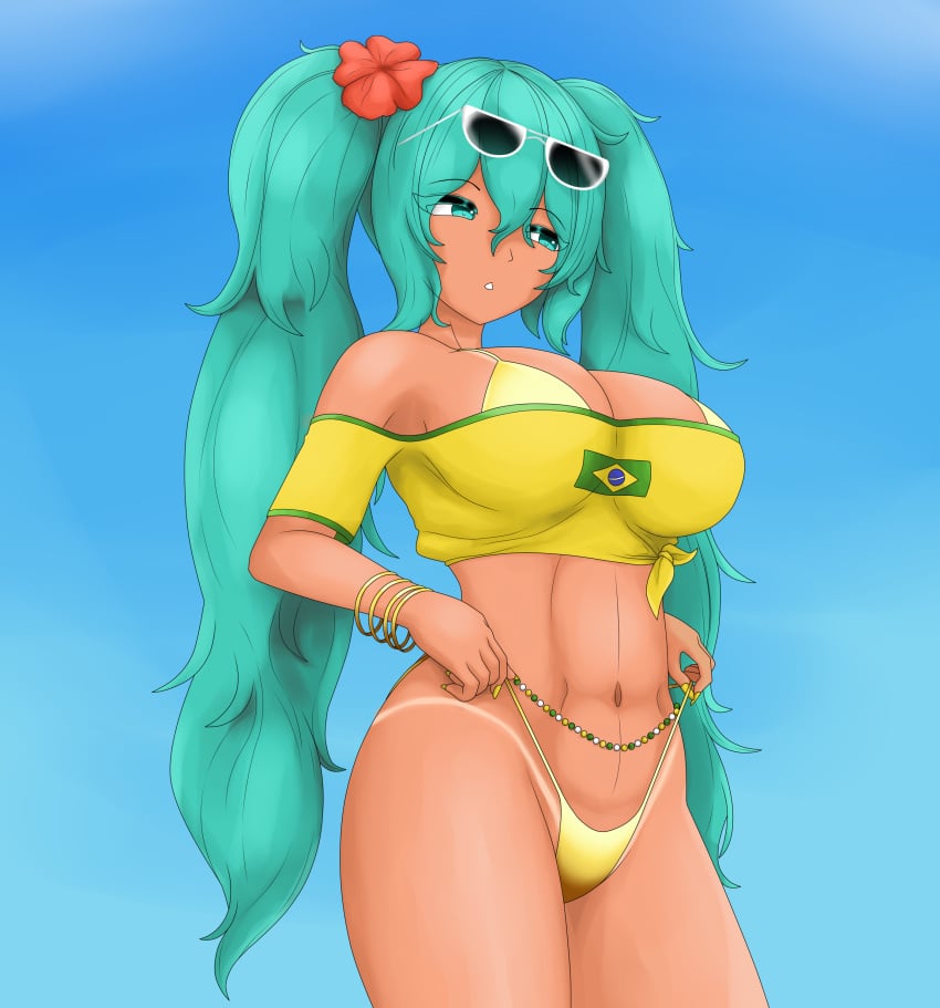 1girls 2d 2d_(artwork) ale_131 belly_button big_breasts bikini bra brazilian_miku day female female_focus female_only flower flower_in_hair front_view golden_bikini golden_bikini_bottom golden_bikini_top golden_swimsuit green_eyes green_hair hatsune_miku high_resolution highres hourglass_figure light-skinned_female light_skin long_hair long_pigtails outdoors revealing_swimsuit sexy sky slim_girl solo solo_female solo_focus standing summer sunglasses sunglasses_on_head swimsuit t-shirt tanned tanned_female tanned_girl tanned_skin thong thong_bikini twintails vocaloid yellow_nails younger_female