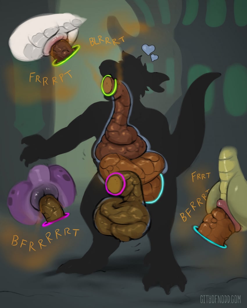 ambiguous_gender anthro anus balls bulging_balls colored excessive_feces faceless_character facial_piercing fart feces feces_in_ass feces_in_balls feces_in_mouth gag genitals group heart_symbol hi_res inflation kobold male nose_piercing nose_ring oddbird piercing portal portal_gag portal_ring ring_piercing scalie scat scat_inflation scatplay standing stomach_bulge tail thinking_with_portals