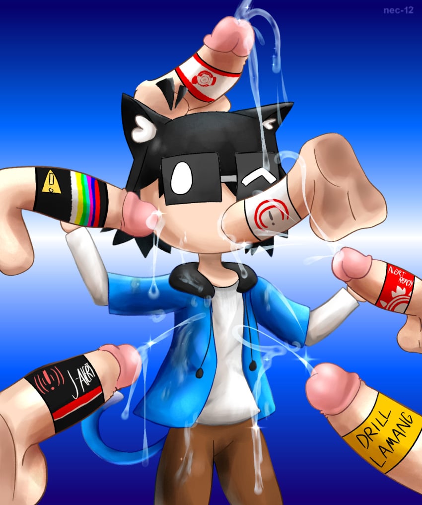 7boys alare-kun babala-kun big_penis black_hair blowjob blue_tail clothed clothed_male_nude_male clothed_sex clothing cum cum_drip cum_dripping_from_penis cum_in_mouth cum_on_face deepthroat eas-kun_(character) eas_community emergency_alert_system-kun first_porn_of_characters gay glasses gradient_background hoodie jelato-kun light-skinned_male light-skinned_penis looking_at_viewer male miseraquila-kun miseraquila_(copyright) nec-12 neko penis sews-kun tocure-kun tokyo_secure_foundation-kun uncensored unseen_character watermark winking_at_viewer