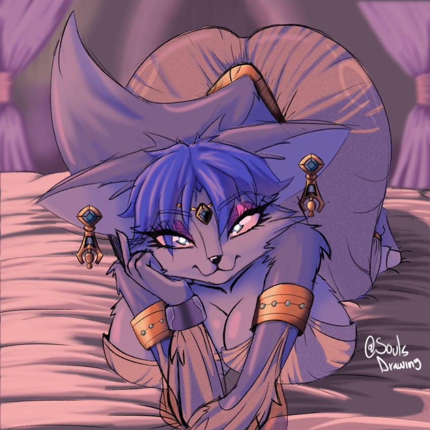 1:1 anthro arabian ass bed big_ass big_breasts blue_body blue_eyes blue_fur breasts canid canine female fox fur furniture harem_outfit jewelry krystal krystal_(star_fox) mammal nintendo solo soulsdrawing star_fox
