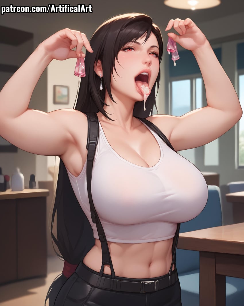 1girls ai_generated artifical_art big_breasts black_hair blush condom cum cum_in_condom cum_in_mouth cum_on_tongue dripping_cum dripping_semen fair_skin final_fantasy final_fantasy_vii light-skinned_female long_hair open_mouth perfect_body red_eyes semen_in_mouth semen_on_tongue solo tifa_lockhart tongue_out used_condom