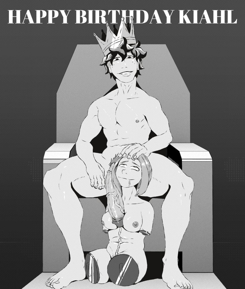 1boy amputee between_legs breasts chubby_female crown cum_drool cum_on_body cum_on_breasts cum_trail cumming drooling female hand_on_head huge_cock human_pet hyper hyper_penis izuku_midoriya leaking_cum limbless looking_at_partner looking_up looking_up_at_partner monochrome muscular_male my_hero_academia nervous no_penetration objectification ochako_uraraka penis penis_between_breasts pet petting quadruple_amputee sitting_between_legs size_difference stump stump_caps throne toned woolysart worshipping