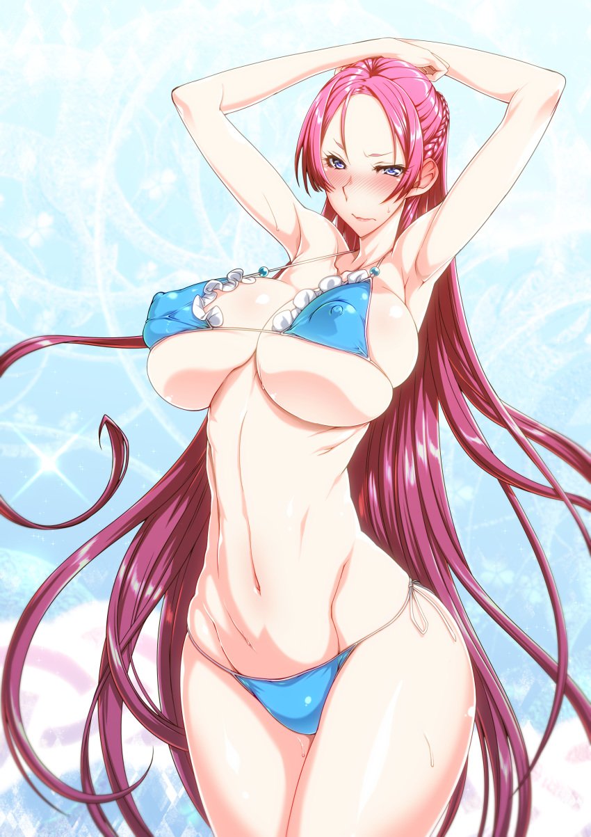 armpits arms_up bikini blue_eyes blush cleavage ebido female juliana_eberhardt large_breasts long_hair navel pink_hair solo standing swimsuit underboob valkyria_chronicles valkyria_chronicles_2