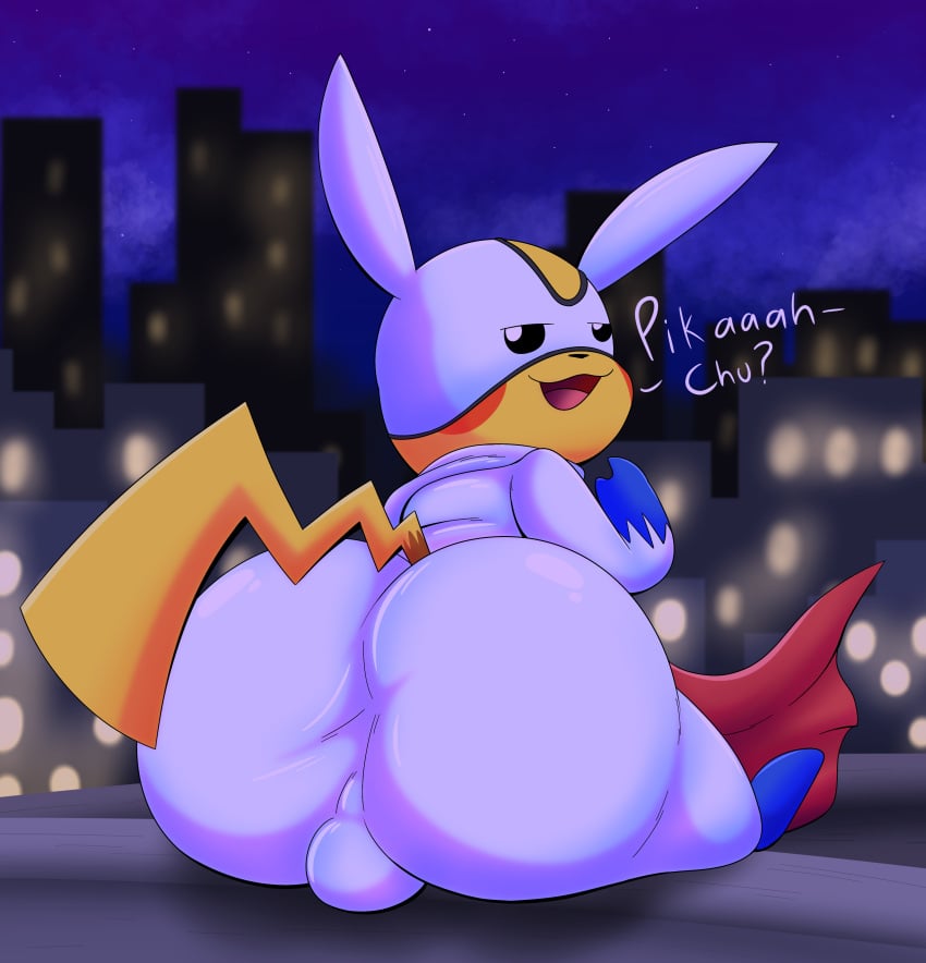 absurd_res anthro ass big_butt biped bulge city city_background clothing costume detailed_bulge dialogue generation_1_pokemon hi_res huge_butt looking_back male massive_ass massive_thighs night nintendo pikachu pikachu_hero pokemon pokemon_(species) pokemon_speak presenting presenting_hindquarters sitting solo superhero_costume tail tepigfan101 tight_clothing