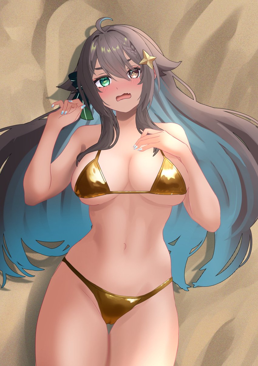 1girls 2d 2d_(artwork) alternate_costume alternate_hairstyle big_breasts bikini bikini_bottom bikini_top blue_hair blue_nails brown_hair day embarrassed embarrassed_female estebaneishon1 fanart fanart_from_twitter female female_focus female_only front_view golden_bikini golden_bikini_bottom golden_bikini_top golden_swimsuit golden_thong green_eyes heterochromia high_resolution highres indie_virtual_youtuber indie_vtuber latam_virtual_youtuber light-skinned_female light_skin long_hair looking_at_viewer lying lying_on_back lying_on_ground lying_on_sand meica on_sand outdoors red_eye sand slim_girl solo solo_female solo_focus summer swimsuit thong thong_bikini two_piece_swimsuit two_tone_hair virtual_youtuber vtuber vtuberfanart young younger_female