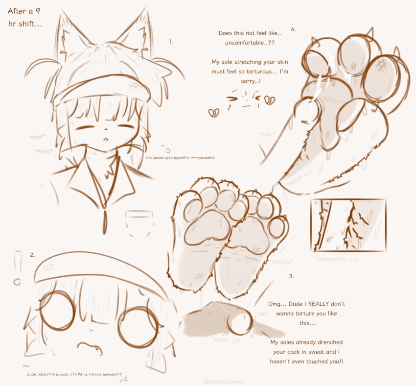 1boy 1boy1girl 1furry 1girls 1human adorable apologizing cute cute_face cute_fang cute_girl cute_male embarrassed female foot_fetish footjob fuzzy long_hair looming_foot male older_female original original_character paw_fetish pawjob pawpads paws shy sweat sweaty_feet tagme theresnoneed tired_expression visor visor_cap wolf_ears wolf_girl work_uniform younger_male