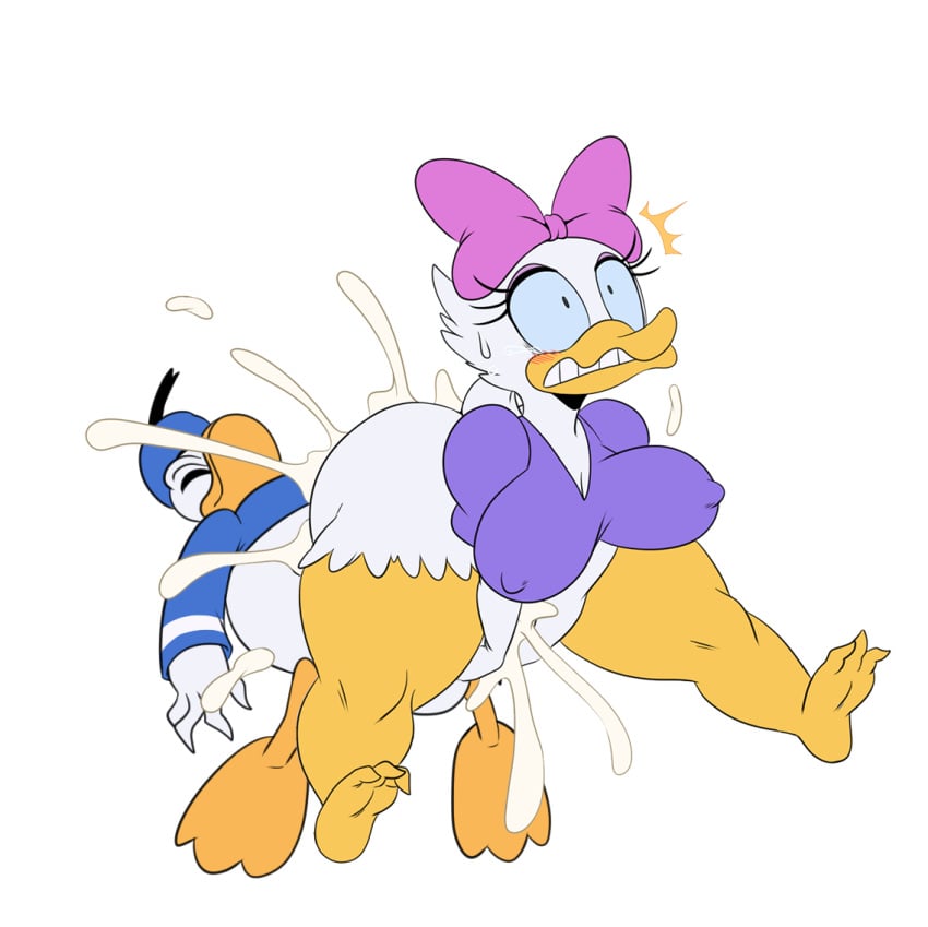 anthro ass avian beak big_breasts big_butt bird blush bottomless bow breasts clenched_teeth clothed clothing cum cum_inside daisy_duck disney donald_duck dragon_flame duck duo edit female hi_res humor male meme nipple_bulge on_top sex simple_background soft_feathers sssonic2 straight surprise teeth thick_thighs white_background wide_hips