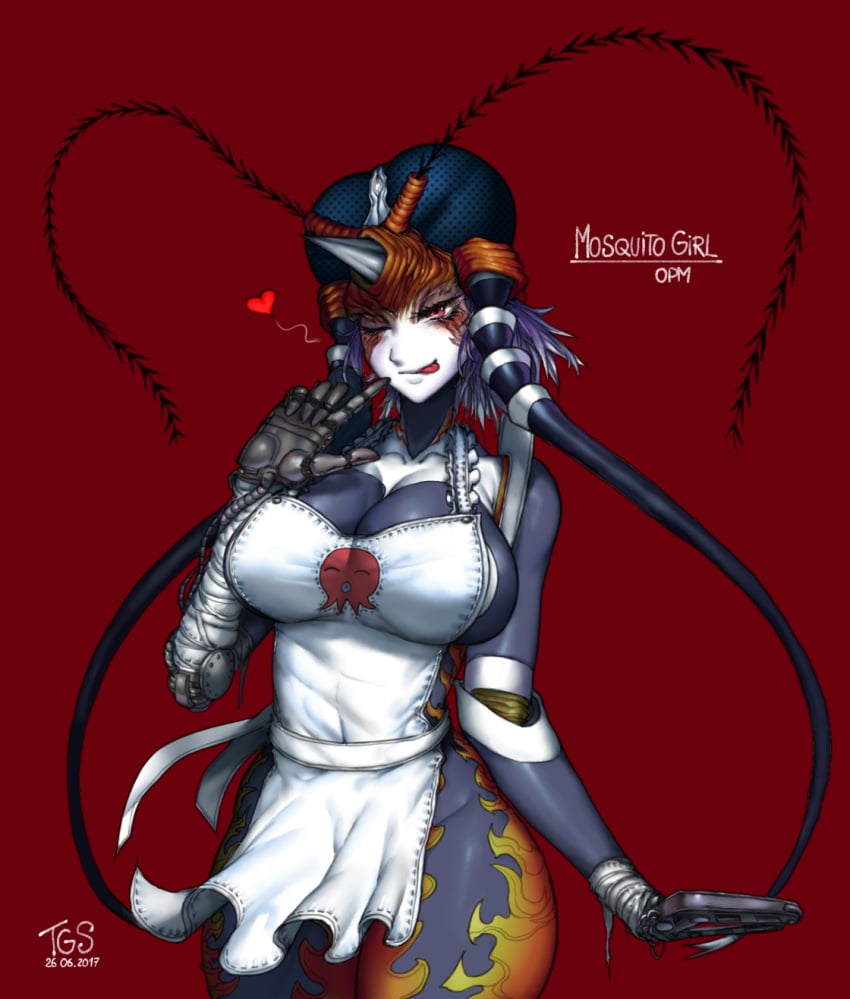 :p apron bare_shoulders breasts cleavage curvy female heart large_breasts monster_girl mosquito_girl_(one-punch_man) mosquito_musume one-punch_man one_eye_closed red_eyes solo thegoldensmurf thick_thighs thighs tongue tongue_out wide_hips wink