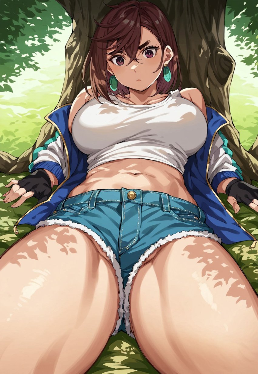 ai_generated ayase_momo big_breasts brown_hair civitai clothed_female dandadan dumptruck_ass dumptruck_butt earings fingerless_gloves hips_wider_than_shoulders huge_breasts jean_shorts jeans laying_down outdoors shoes short_shorts shorts slim_waist solo_female summer tank_top thick_thighs thunderthighs