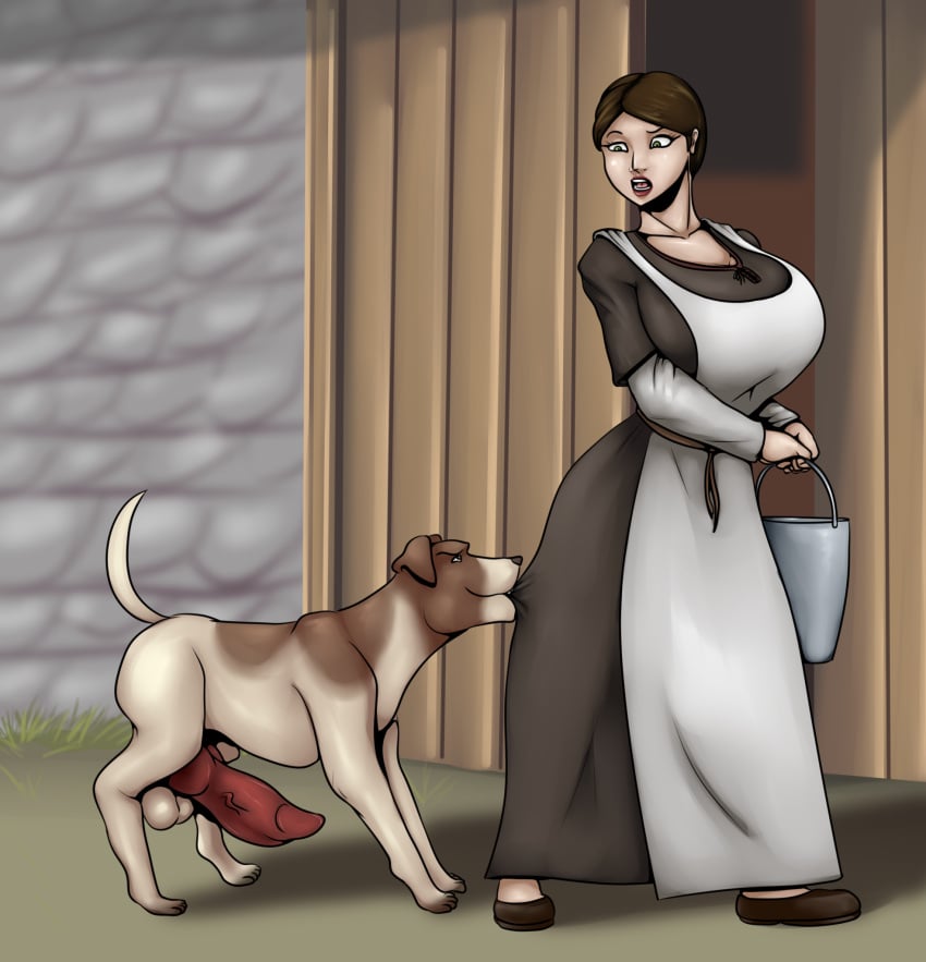 balls big_balls big_breasts big_penis breasts brown_hair bucket burnette canid canine canine_genitalia canine_on_human canine_penis canis dog dog_penis dress feral_on_female feral_on_human girl imminent_rape kingdom_come_deliverance knot light-skinned_female light_skin penis romman08 zoophilia