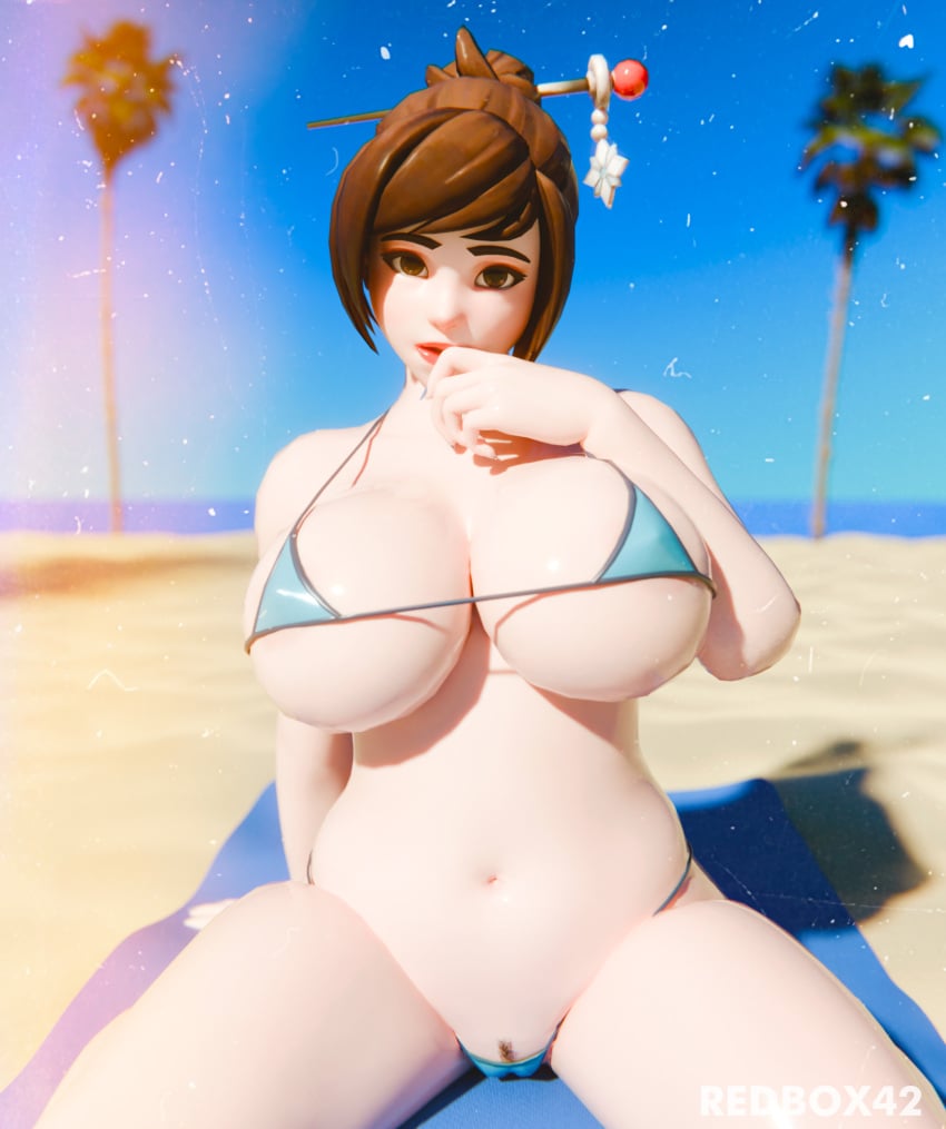 3d beach beach_towel big_breasts big_hips bikini blizzard_entertainment brown_hair chubby female female_only hairbun looking_at_viewer mei_(overwatch) overwatch overwatch_2 palm_tree red_lipstick redbox42 sea seaside sitting solo solo_female summer vintage