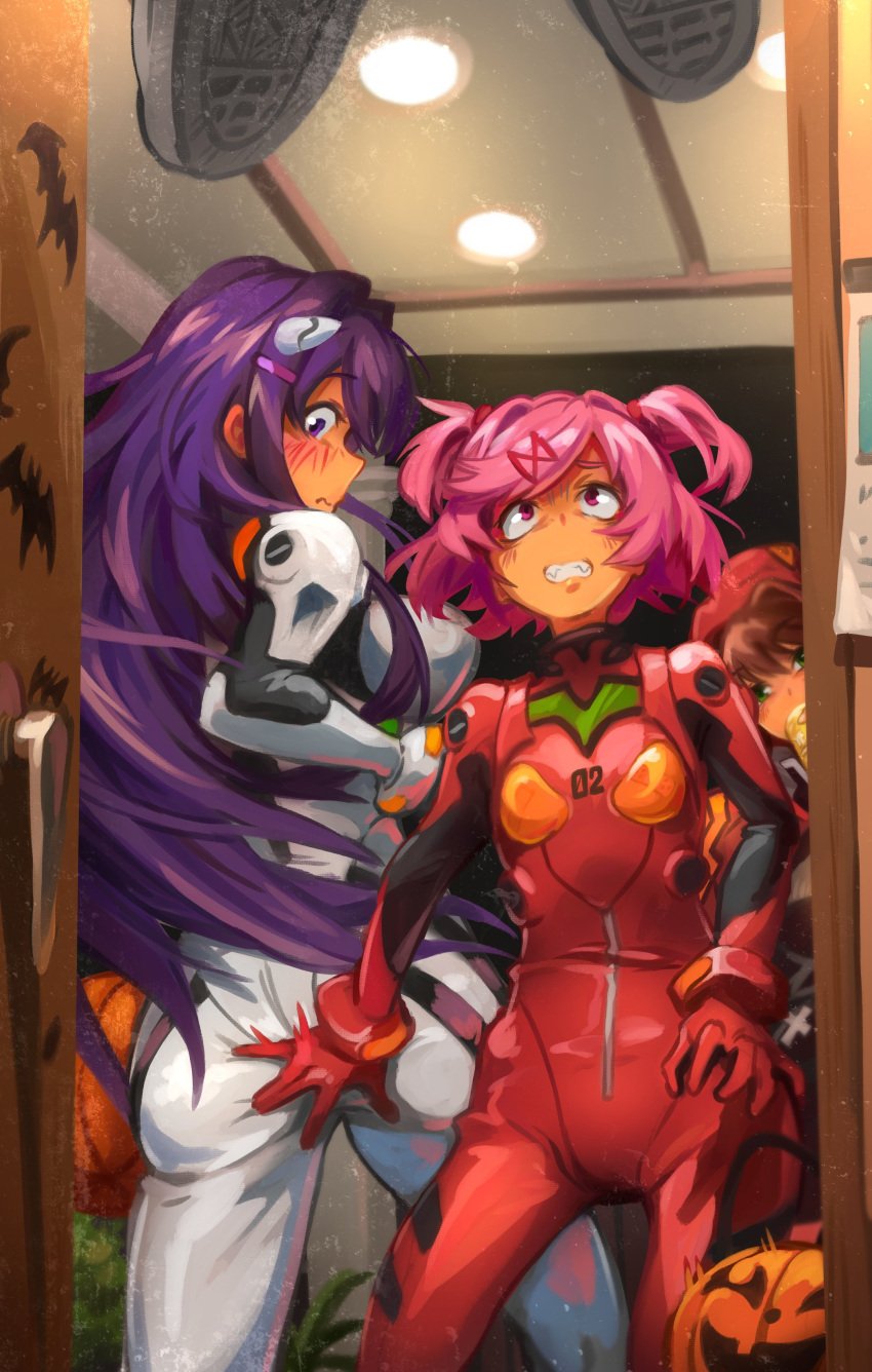 4girls cosplay embarrassed frightened grabbing_ass hairclip halloween implied_death implied_suicide khyleri long_hair looking_at_another looking_at_viewer monika_(doki_doki_literature_club) natsuki_(doki_doki_literature_club) neon_genesis_evangelion pink_hair purple_hair sayori_(doki_doki_literature_club) yuri yuri_(doki_doki_literature_club)