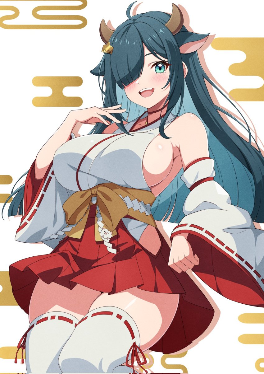 ahoge amano_nene_(vtuber) amano_nene_(vtuber)_(shrine_maiden) animal_ears aqua_eyes bare_shoulders blue_hair breasts choker clothing_cutout collarbone corrupted_twitter_file cow_ears dark_blue_hair detached_sleeves ear_tag egasumi female hair_over_one_eye hakama hakama_short_skirt hakama_skirt highres hip_vent japanese_clothes large_breasts long_hair looking_at_viewer nontraditional_miko open_mouth production_kawaii ribbon-trimmed_sleeves ribbon-trimmed_thighhighs ribbon_trim rin_ateria second-party_source side_cutout sideboob sideless_kimono skirt sleeveless solo thighhighs twitter virtual_youtuber white_background wide_sleeves youtube