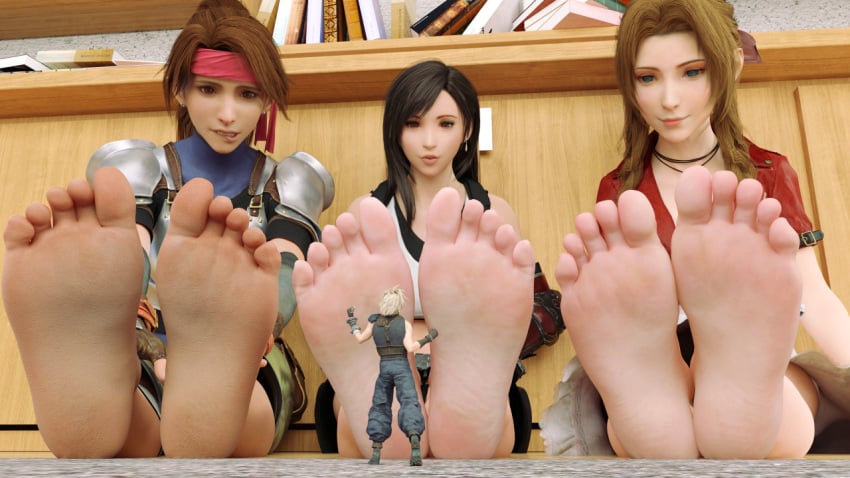 1boy 3d 3girls aerith_gainsborough celton cloud_strife female female/male female_focus final_fantasy final_fantasy_vii final_fantasy_vii_rebirth final_fantasy_vii_remake giantess jessie_rasberry legs_together looking_at_partner looking_down macro_male shoes_removed sitting_on_floor soles soles_female soles_fetish square_enix tifa_lockhart tiny