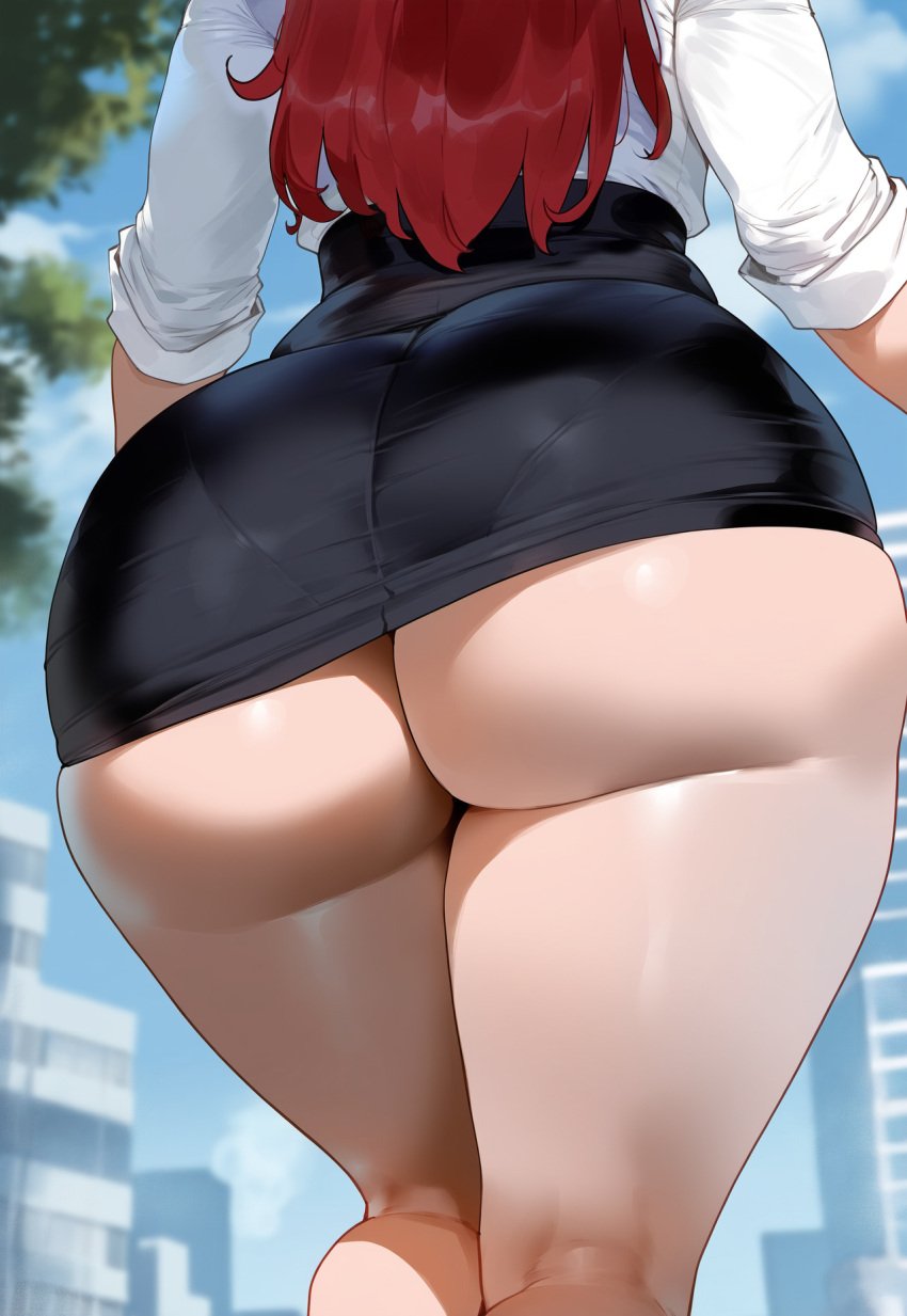 1girls ai_generated ass ass_cleavage ass_focus big_ass bottom_heavy bubble_ass bubble_butt caked_up city_background creamy_ai dat_ass dumptruck_ass dumptruck_butt erza_scarlet fairy_tail fat_ass female light-skinned_female light_skin long_hair miniskirt office_clothing office_lady pawg red_hair skirt skirt_lift tagme thick_thighs thunderthighs tight_clothing voluptuous voluptuous_female wide_hips