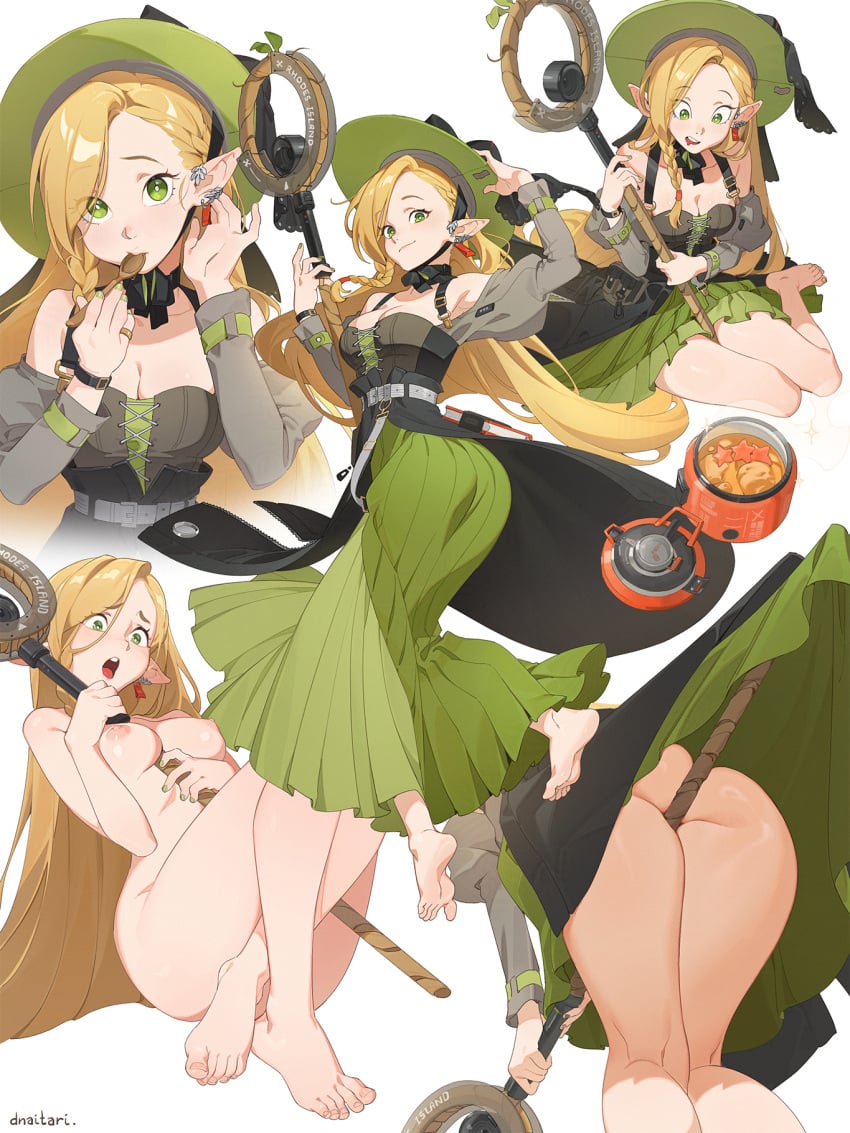 alternative_costume arknights ass barefoot blonde_hair bodily_fluids breasts cleavage clothing completely_nude dnaitari dress drooling dungeon_meshi earrings elf feet female female food green_dress green_eyes green_hat hat headwear high_resolution holding holding_object holding_spoon holding_staff jewelry kneepits legs marcille_donato marcille_donato_(terra_&amp;_traveller) medium_breasts multiple_views nipples nude official_alternative_costume open_mouth pointed_ears portable_stove saliva simple_background spoon staff toenails toes twitter_username username white_background