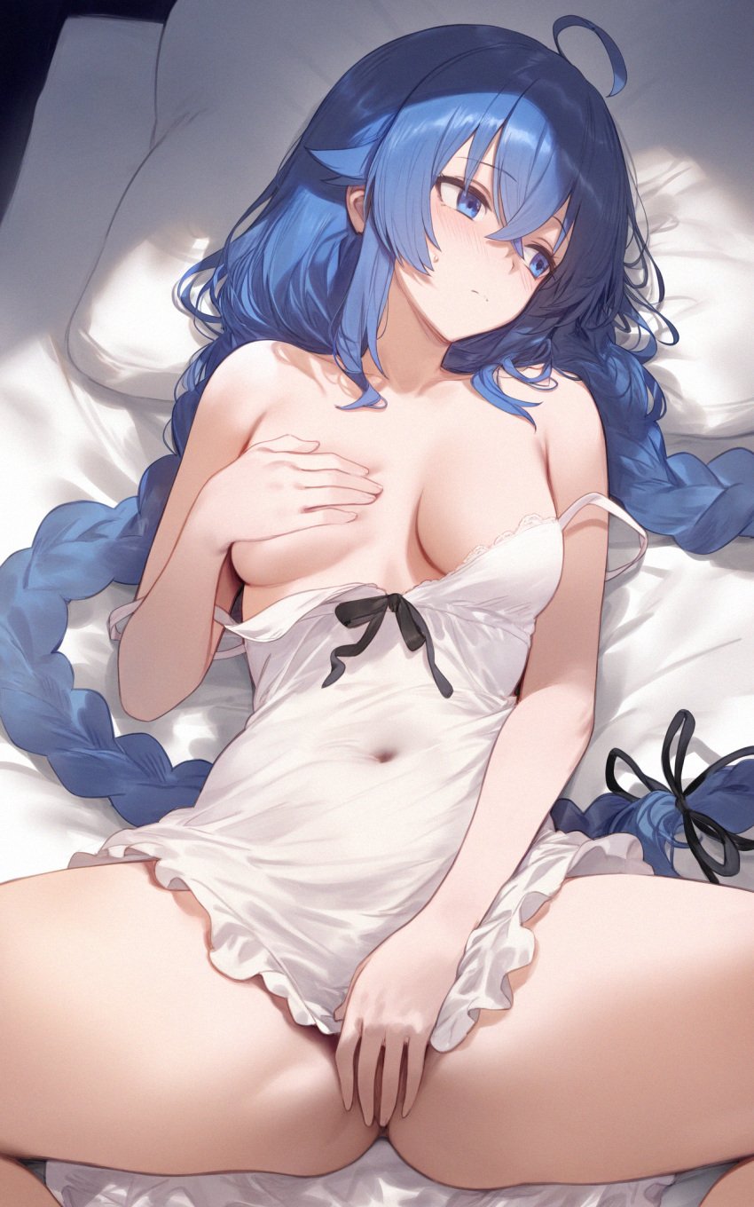 ahoge ai_generated ass_visible_through_thighs bare_arms bare_legs bare_shoulders bare_thighs bed bed_sheet belly_button_visible_through_clothing blue_eyes blue_hair blush braided_twintails breasts camisole closed_mouth collarbone covering_breasts covering_pussy embarrassed long_hair looking_away lying mushoku_tensei no_bra no_panties roxy_migurdia setsuaiart shiny_skin small_breasts spread_legs strap_slip thighs